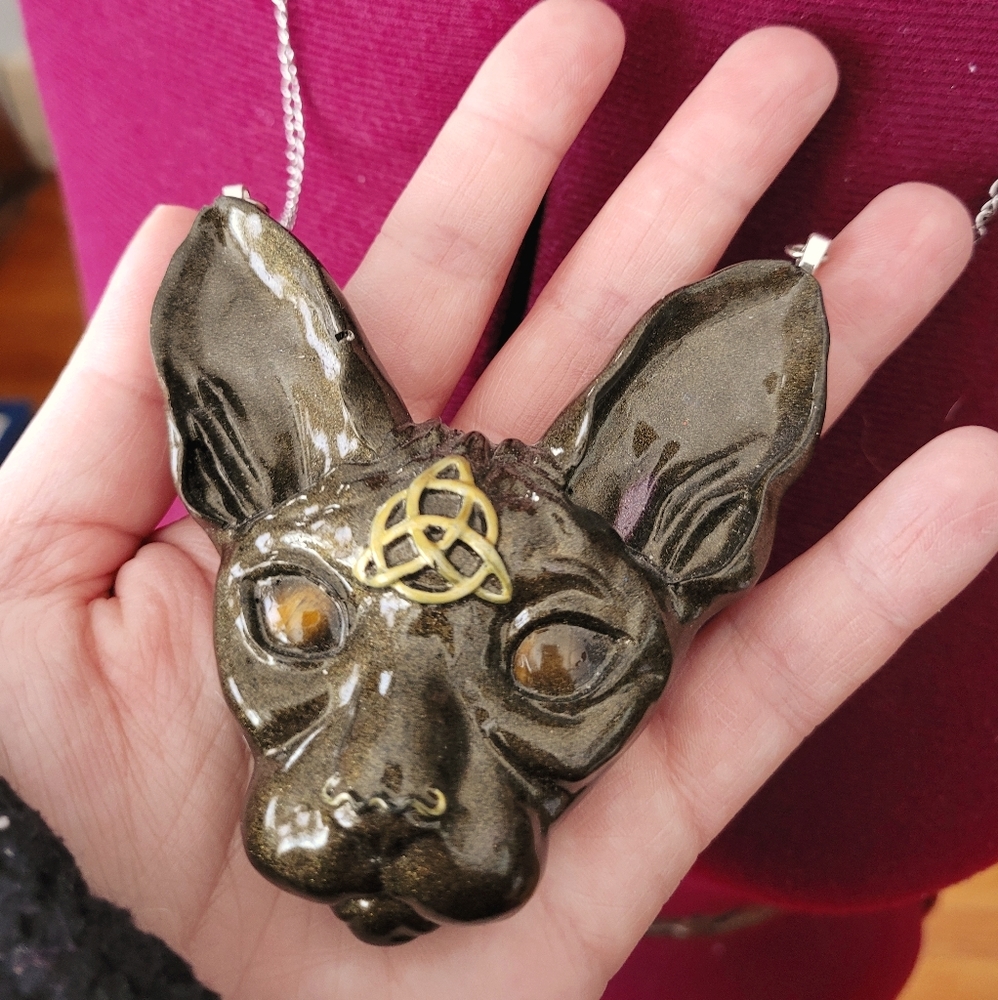 Gold Tigers Eye Sphynx Cat Head Pendant Necklace